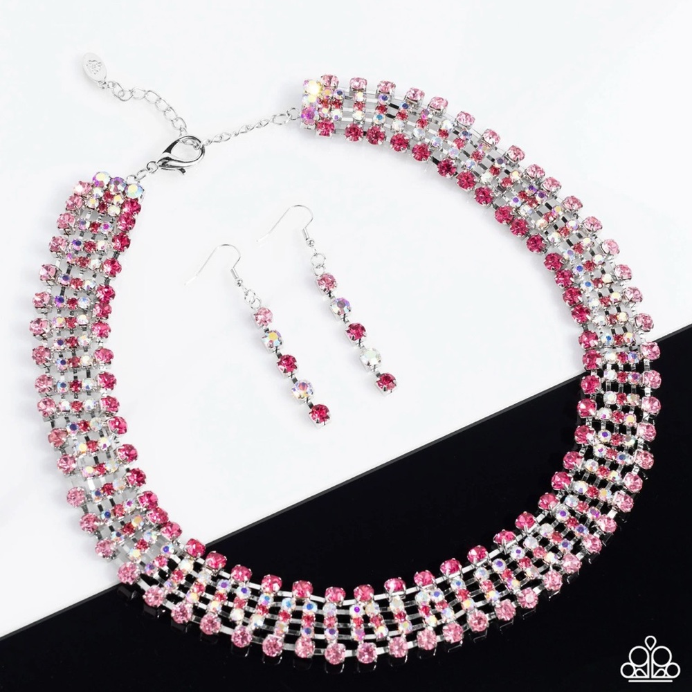 Elegant Flirtatious Pink Crystal Necklace and Earring Set
